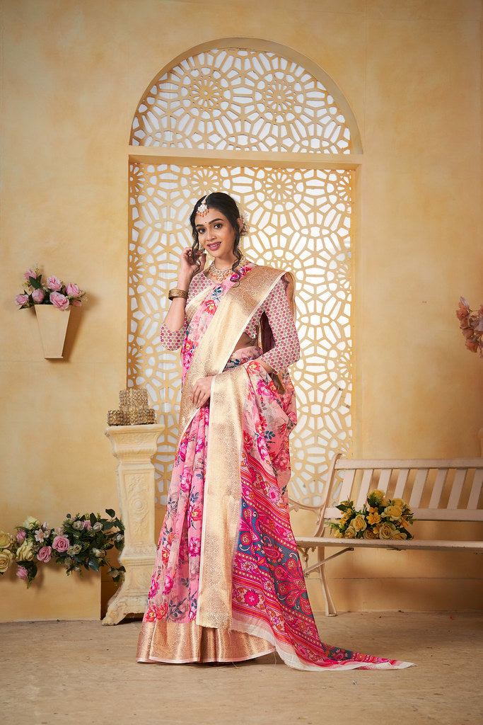 Colourful Pure Linen Saree With Digital Print Saree With Blouse