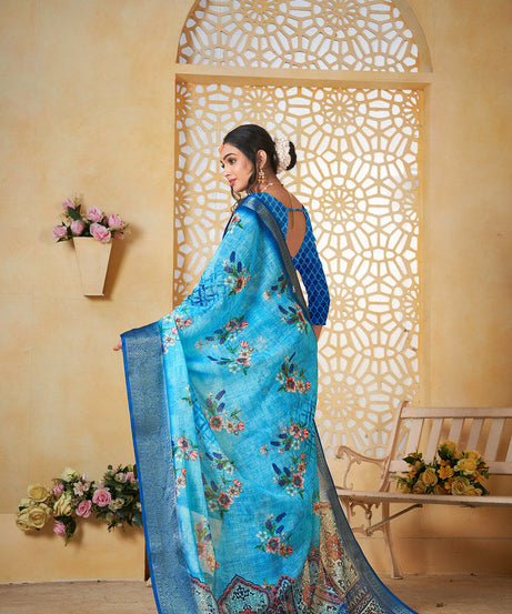 Colourful Pure Linen Saree With Digital Print Saree With Blouse