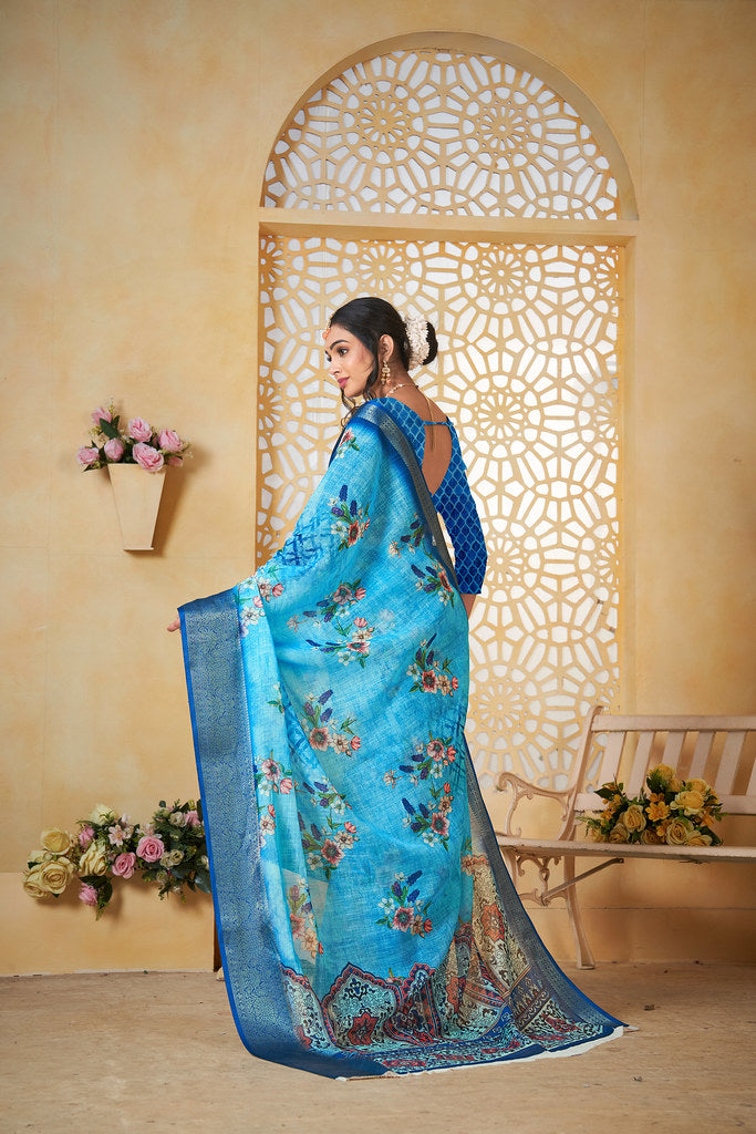 Colourful Pure Linen Saree With Digital Print Saree With Blouse