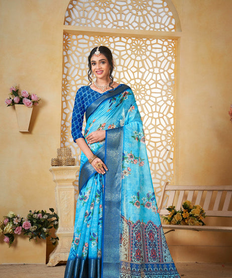 Colourful Pure Linen Saree With Digital Print Saree With Blouse