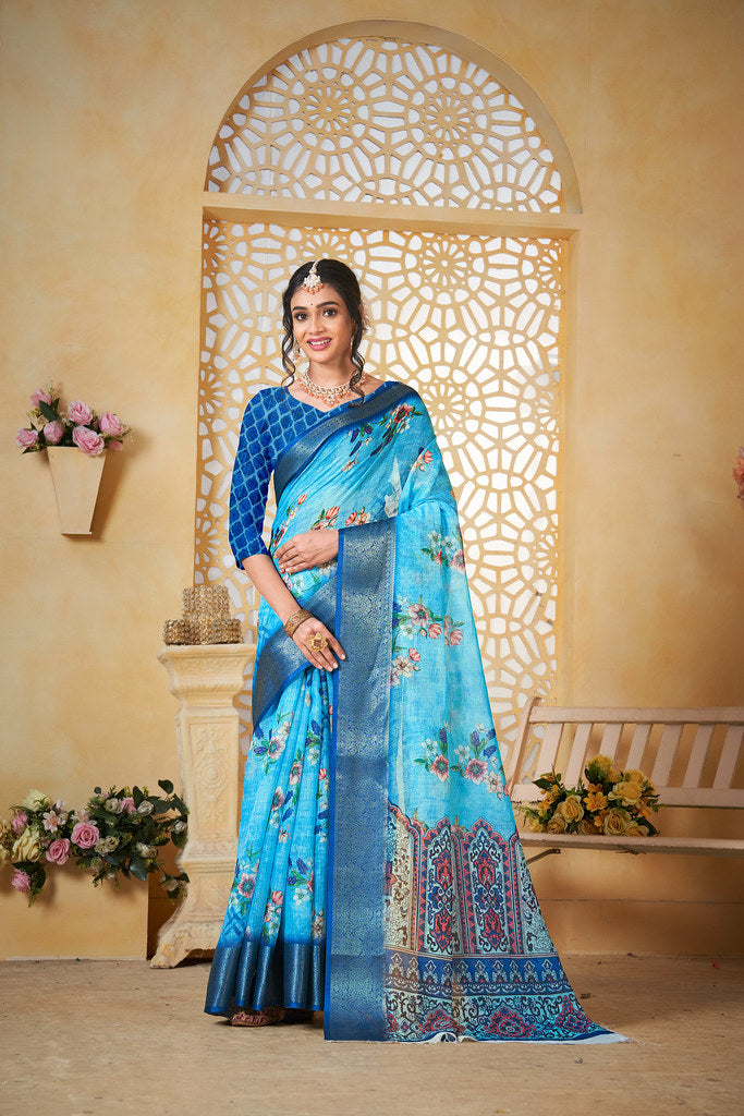 Colourful Pure Linen Saree With Digital Print Saree With Blouse