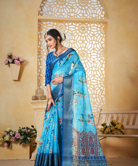 Colourful Pure Linen Saree With Digital Print Saree With Blouse