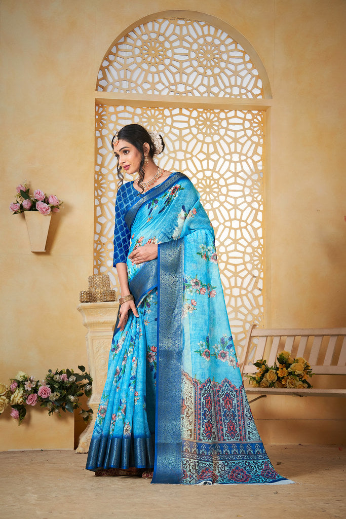 Colourful Pure Linen Saree With Digital Print Saree With Blouse