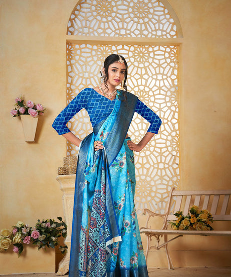 Colourful Pure Linen Saree With Digital Print Saree With Blouse