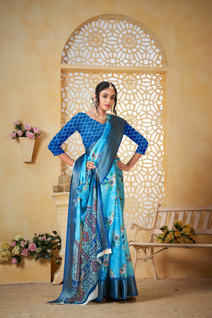 Colourful Pure Linen Saree With Digital Print Saree With Blouse