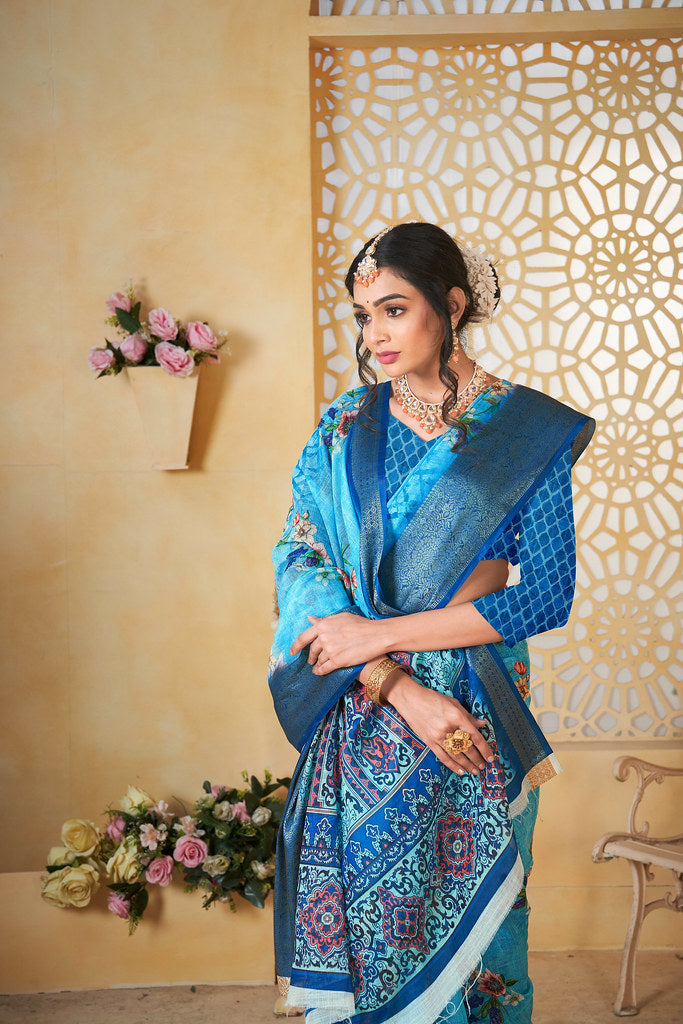 Colourful Pure Linen Saree With Digital Print Saree With Blouse