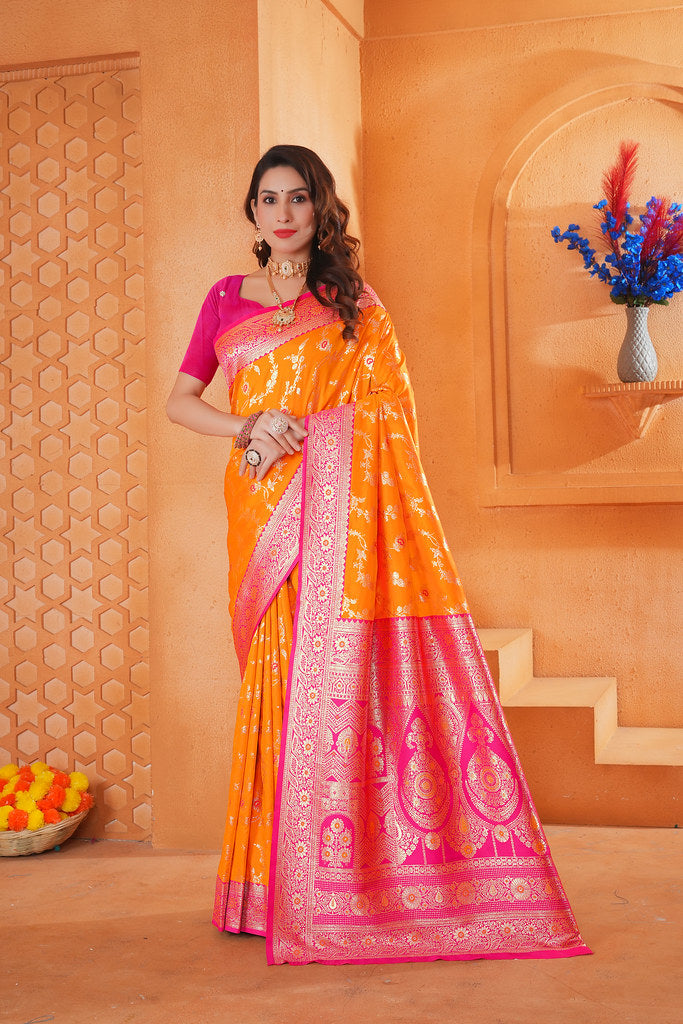 Soft Silk Weaving Saree With Banarasi Jari Work Designer Sari With Blouse
