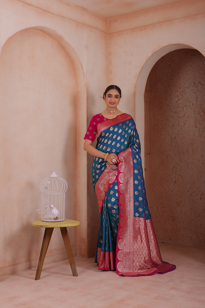 Soft Silk Weaving Saree With Banarasi Jari Work Traditional Sari With Blouse
