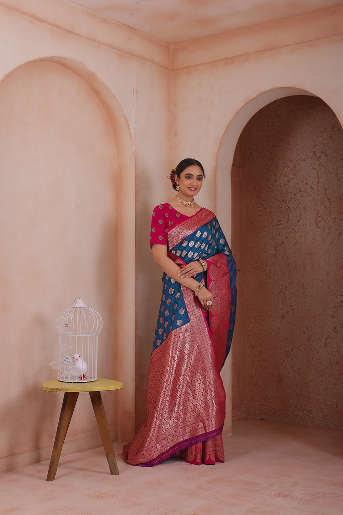 Soft Silk Weaving Saree With Banarasi Jari Work Traditional Sari With Blouse