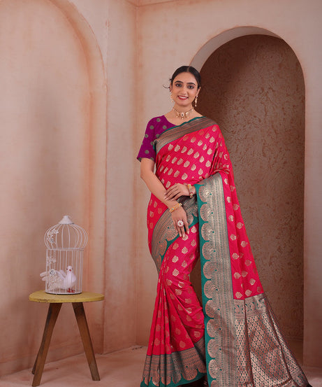 Soft Silk Weaving Saree With Banarasi Jari Work Traditional Sari With Blouse