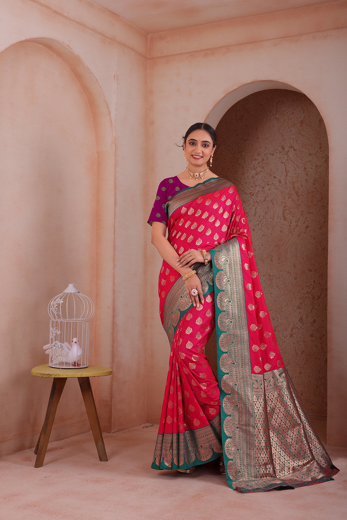 Soft Silk Weaving Saree With Banarasi Jari Work Traditional Sari With Blouse