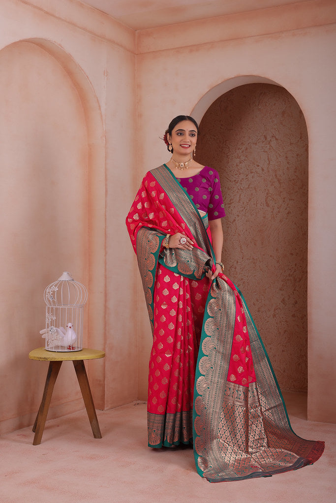 Soft Silk Weaving Saree With Banarasi Jari Work Traditional Sari With Blouse