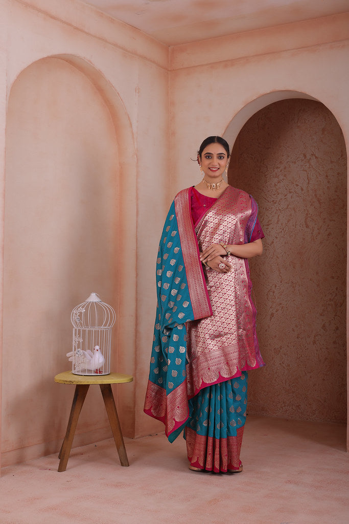 Soft Silk Weaving Saree With Banarasi Jari Work Traditional Sari With Blouse