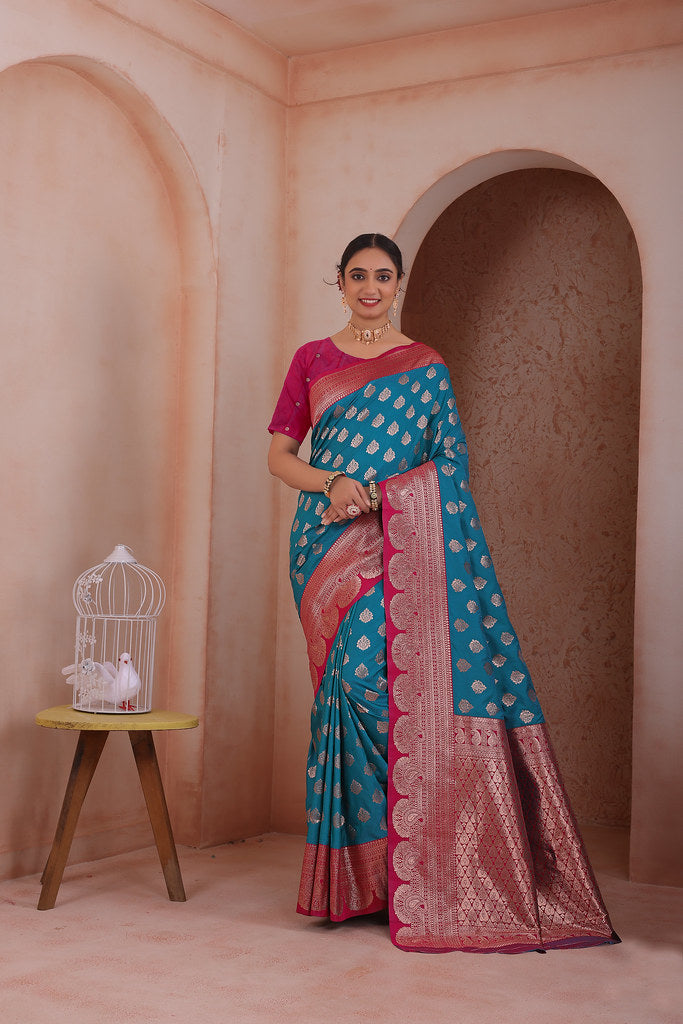 Soft Silk Weaving Saree With Banarasi Jari Work Traditional Sari With Blouse