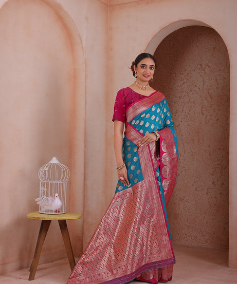 Soft Silk Weaving Saree With Banarasi Jari Work Traditional Sari With Blouse