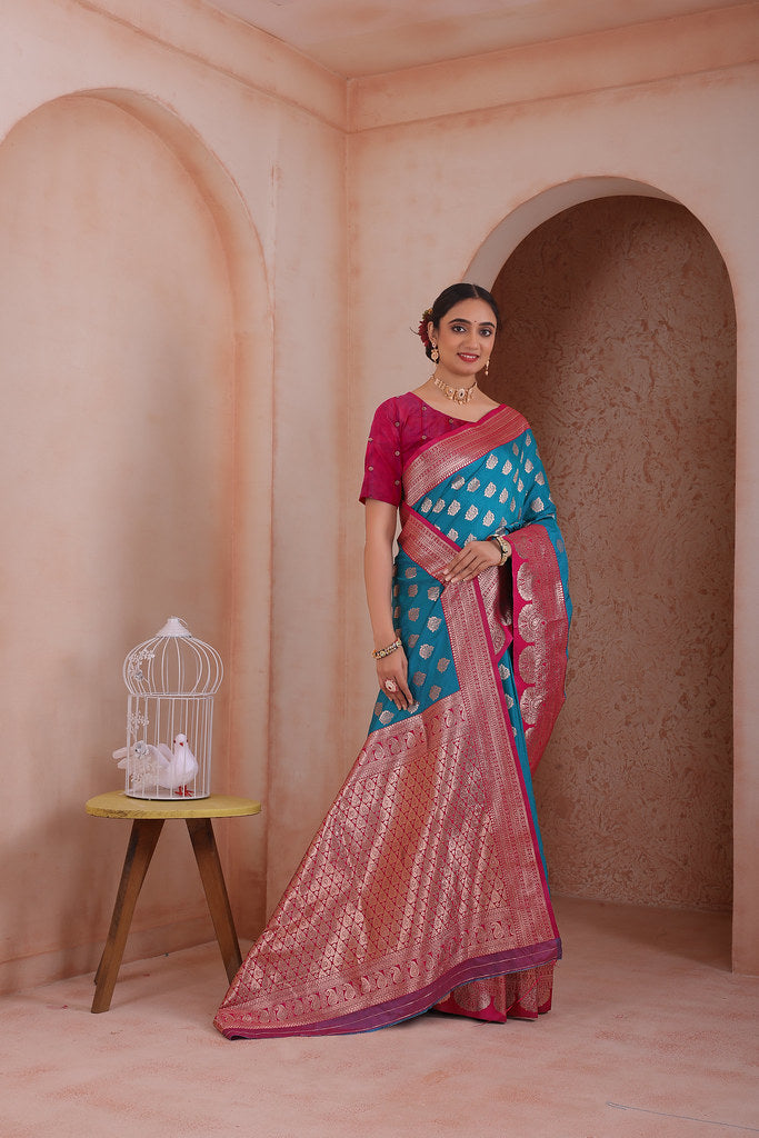 Soft Silk Weaving Saree With Banarasi Jari Work Traditional Sari With Blouse