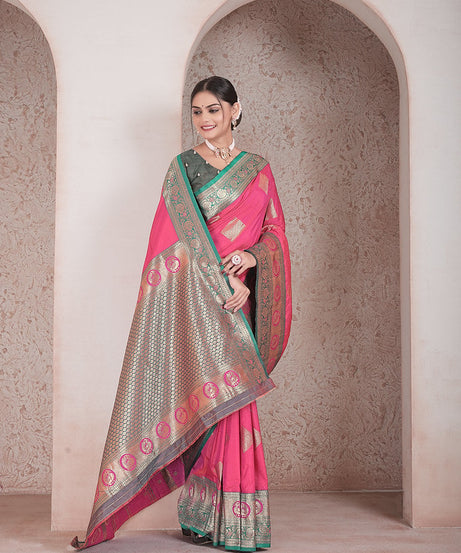 Traditional Soft Silk Saree Weaving Heavy Banarasi Pallu Sari With Blouse