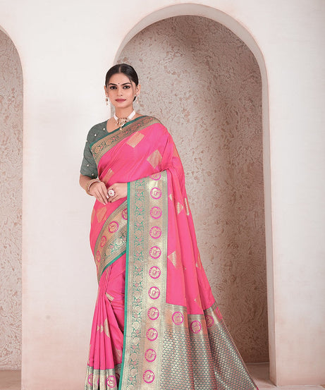 Traditional Soft Silk Saree Weaving Heavy Banarasi Pallu Sari With Blouse