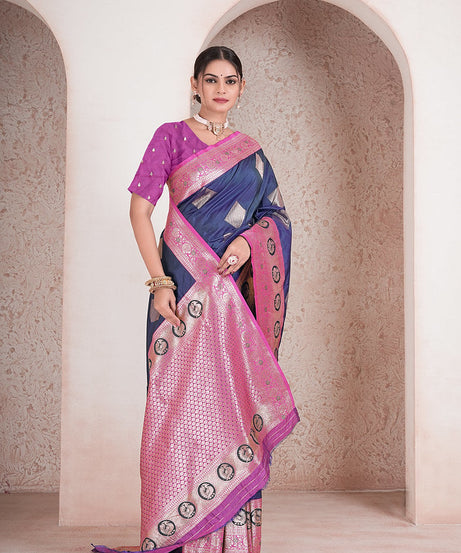 Traditional Soft Silk Saree Weaving Heavy Banarasi Pallu Sari With Blouse