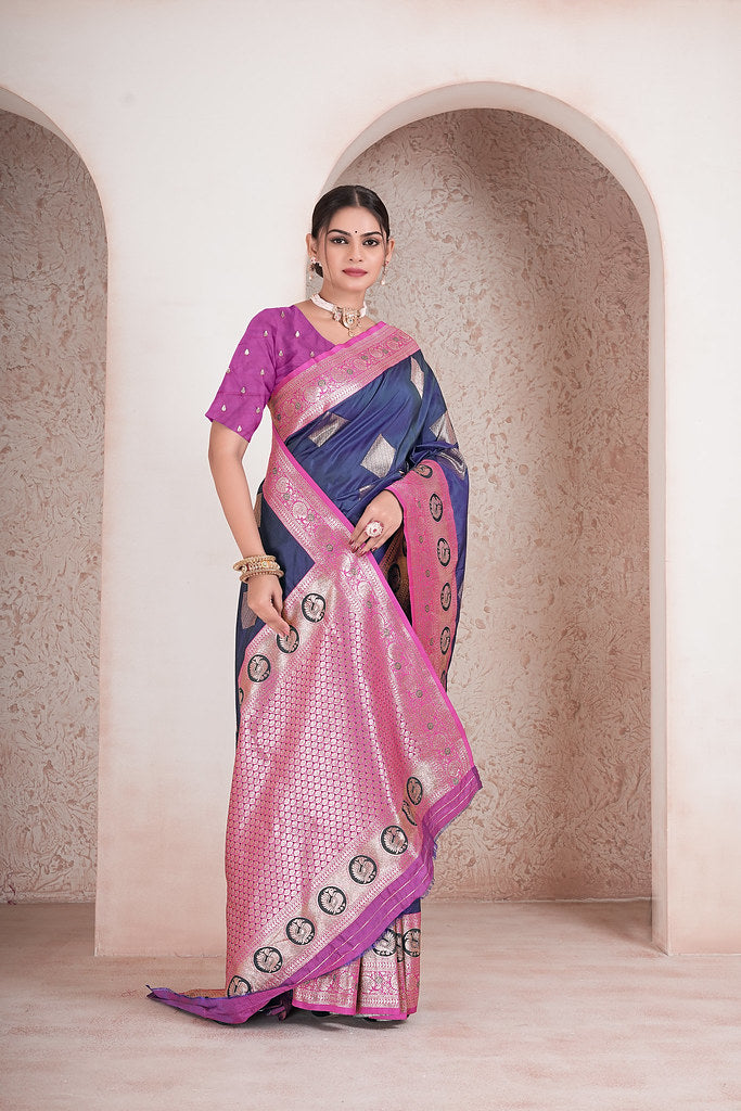 Traditional Soft Silk Saree Weaving Heavy Banarasi Pallu Sari With Blouse