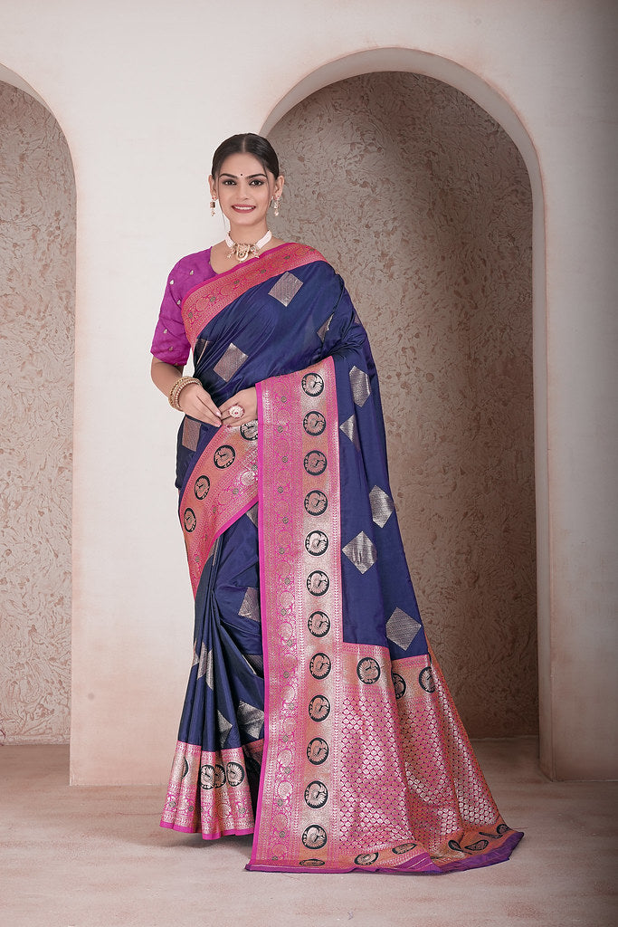 Traditional Soft Silk Saree Weaving Heavy Banarasi Pallu Sari With Blouse