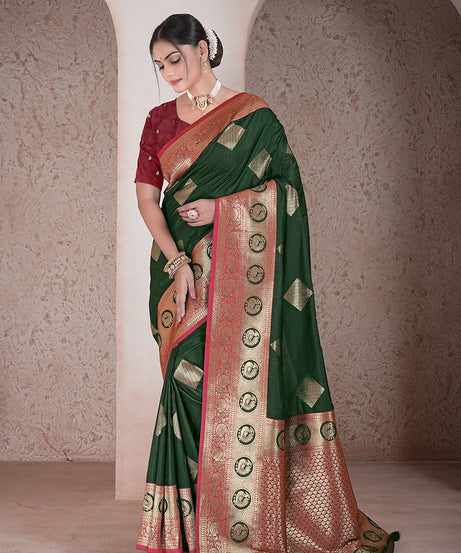 Traditional Soft Silk Saree Weaving Heavy Banarasi Pallu Sari With Blouse