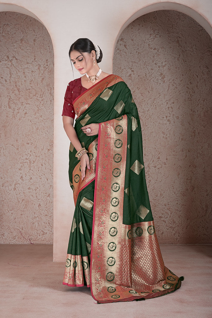 Traditional Soft Silk Saree Weaving Heavy Banarasi Pallu Sari With Blouse