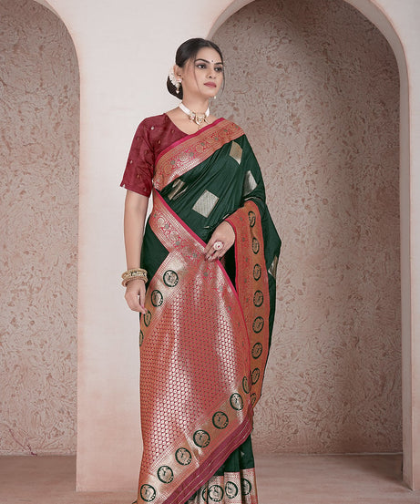 Traditional Soft Silk Saree Weaving Heavy Banarasi Pallu Sari With Blouse