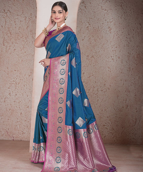 Traditional Soft Silk Saree Weaving Heavy Banarasi Pallu Sari With Blouse