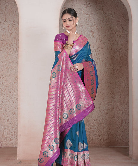 Traditional Soft Silk Saree Weaving Heavy Banarasi Pallu Sari With Blouse