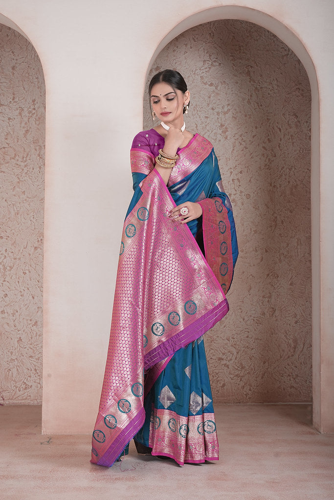 Traditional Soft Silk Saree Weaving Heavy Banarasi Pallu Sari With Blouse