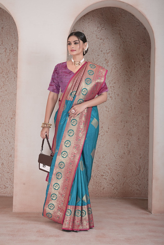 Traditional Soft Silk Saree Weaving Heavy Banarasi Pallu Sari With Blouse