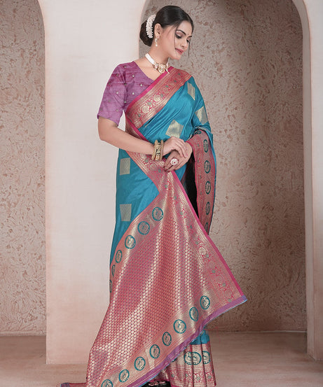 Traditional Soft Silk Saree Weaving Heavy Banarasi Pallu Sari With Blouse