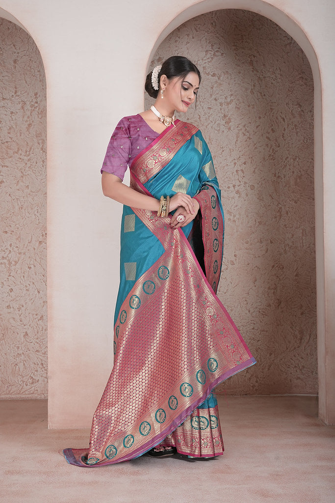 Traditional Soft Silk Saree Weaving Heavy Banarasi Pallu Sari With Blouse