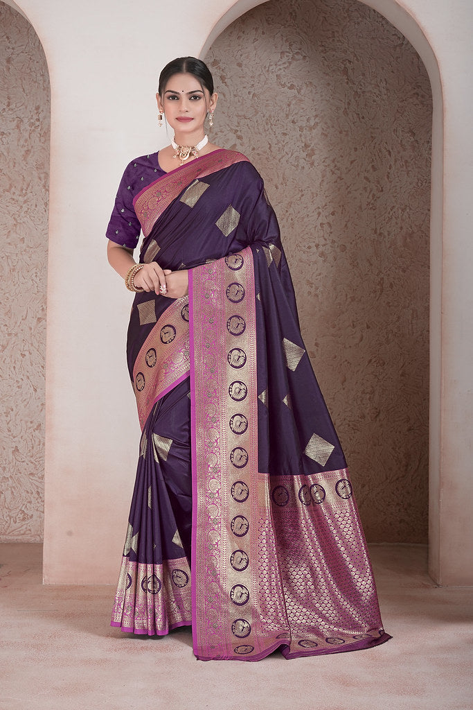 Traditional Soft Silk Saree Weaving Heavy Banarasi Pallu Sari With Blouse