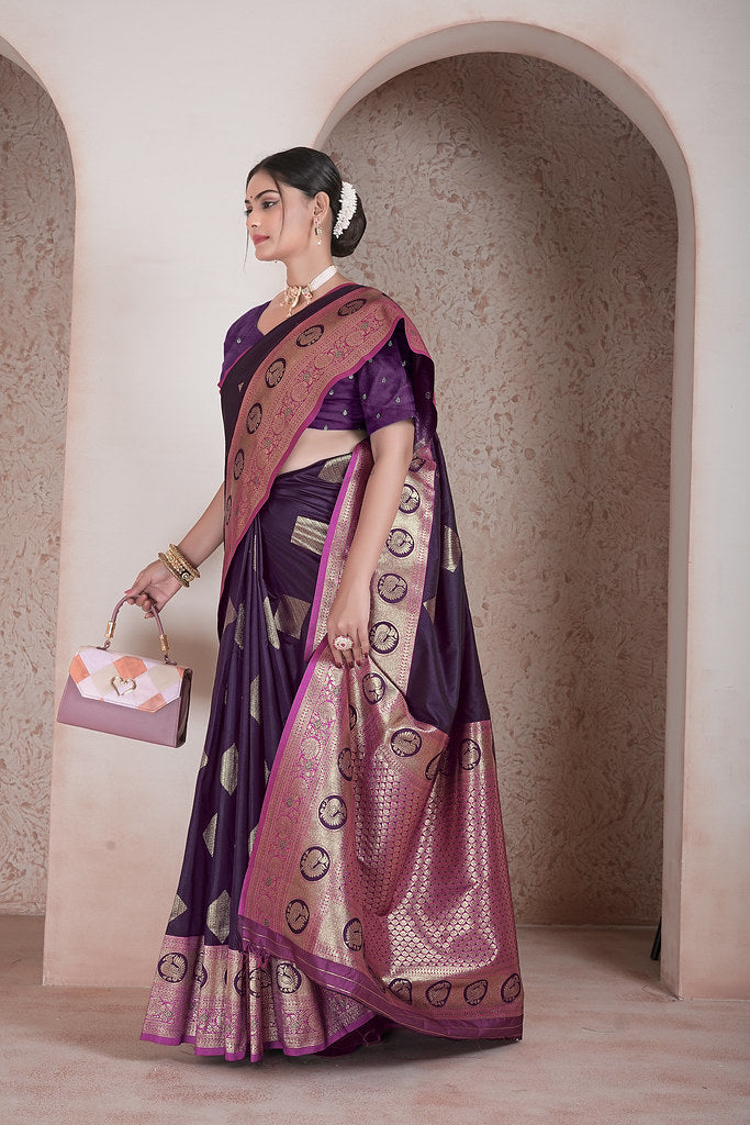 Traditional Soft Silk Saree Weaving Heavy Banarasi Pallu Sari With Blouse