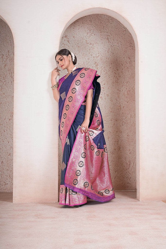 Traditional Soft Silk Saree Weaving Heavy Banarasi Pallu Sari With Blouse