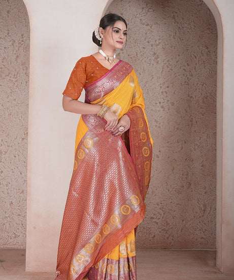 Traditional Soft Silk Saree Weaving Heavy Banarasi Pallu Sari With Blouse