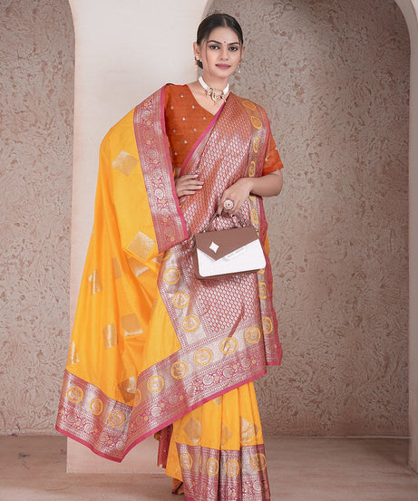 Traditional Soft Silk Saree Weaving Heavy Banarasi Pallu Sari With Blouse