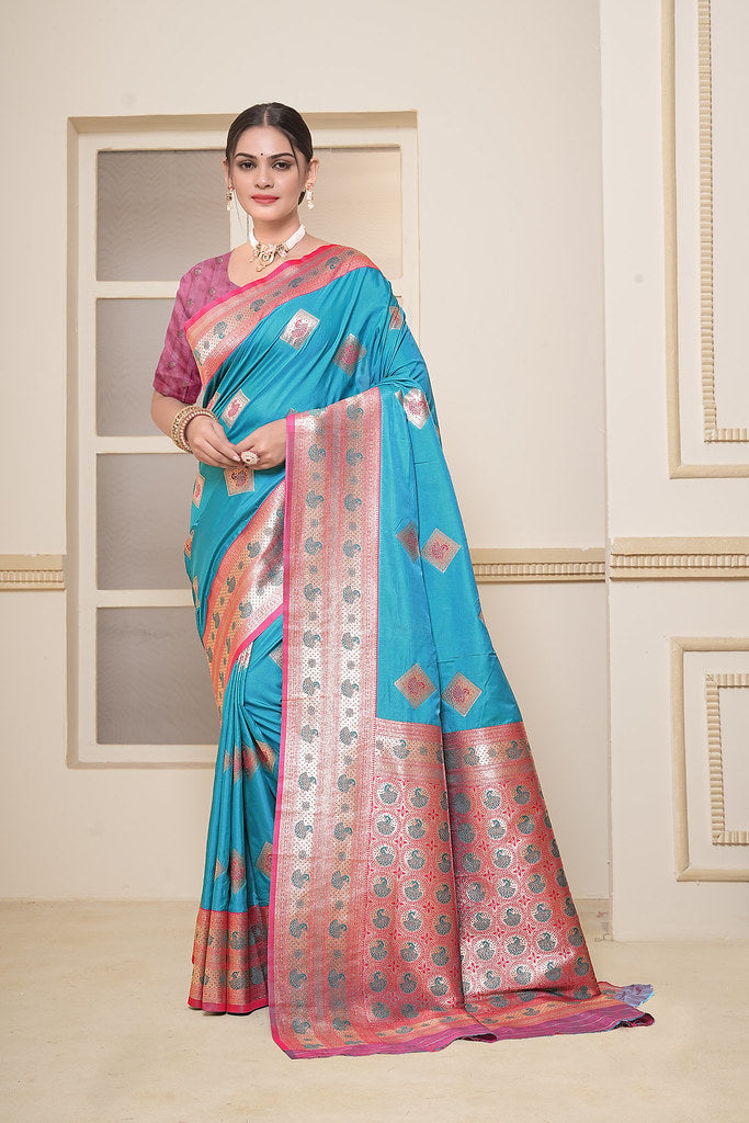 Women's Soft Silk Beautiful Sari Heavy Banarasi Saree With Blouse