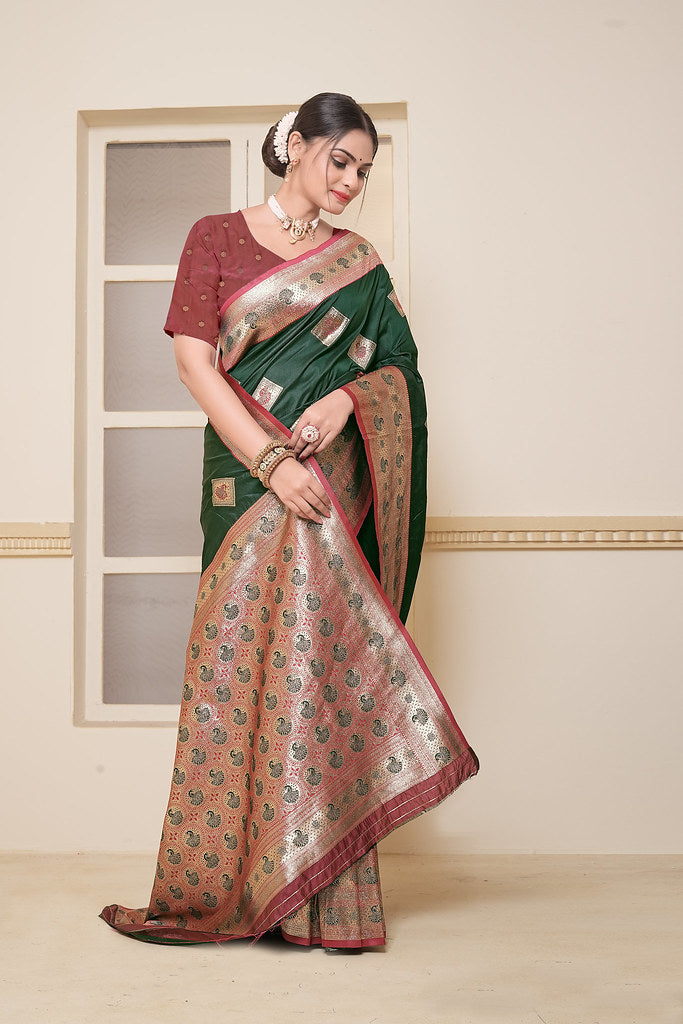 Women's Soft Silk Beautiful Sari Heavy Banarasi Saree With Blouse