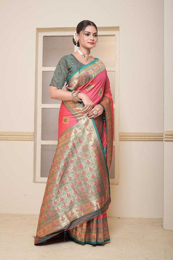 Women's Soft Silk Beautiful Sari Heavy Banarasi Saree With Blouse