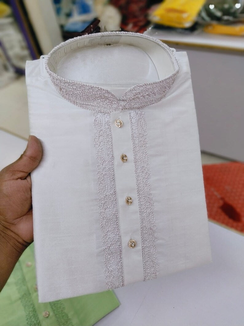 Cotton With Embroidery Work Kurta Set For Men's