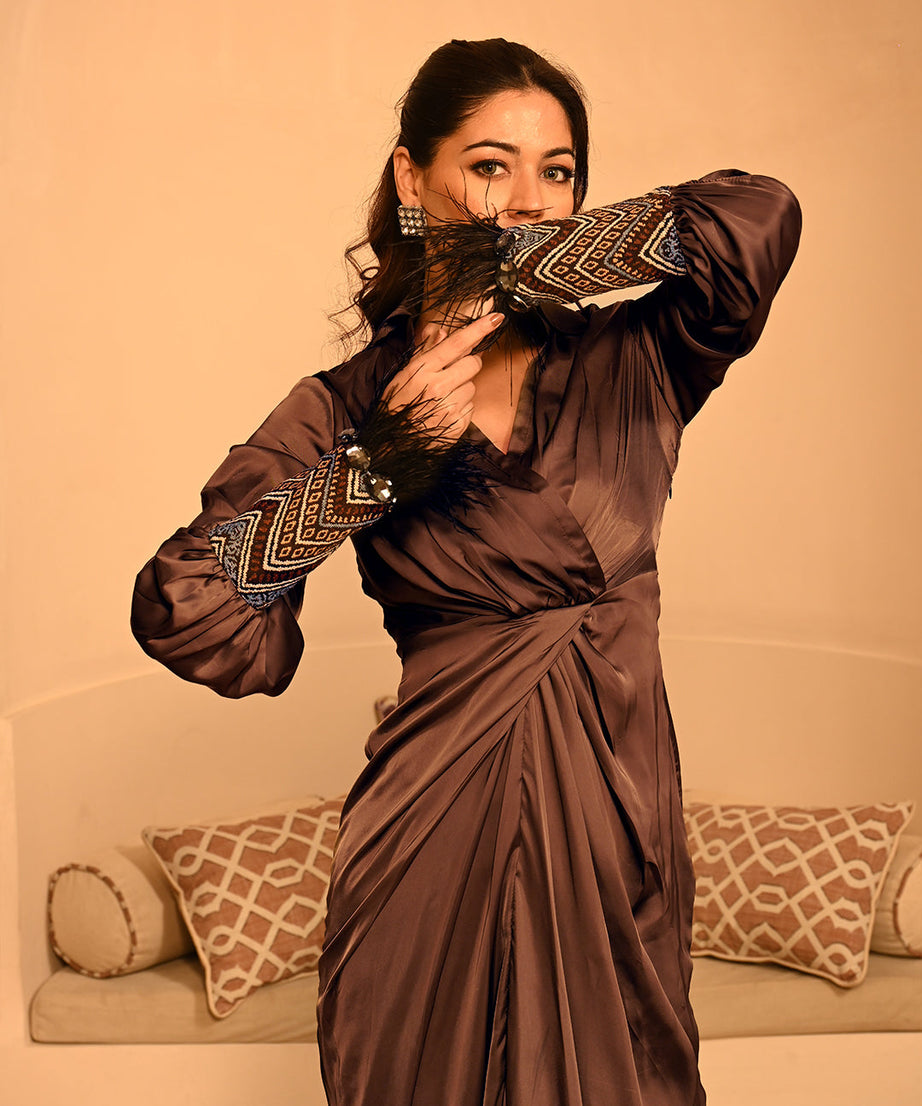 Women's Satin Knot Waist Maxi Dress Elegant Long Sleeve Occasion Wear