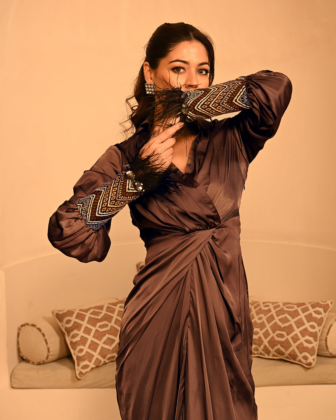 Women's Satin Knot Waist Maxi Dress Elegant Long Sleeve Occasion Wear