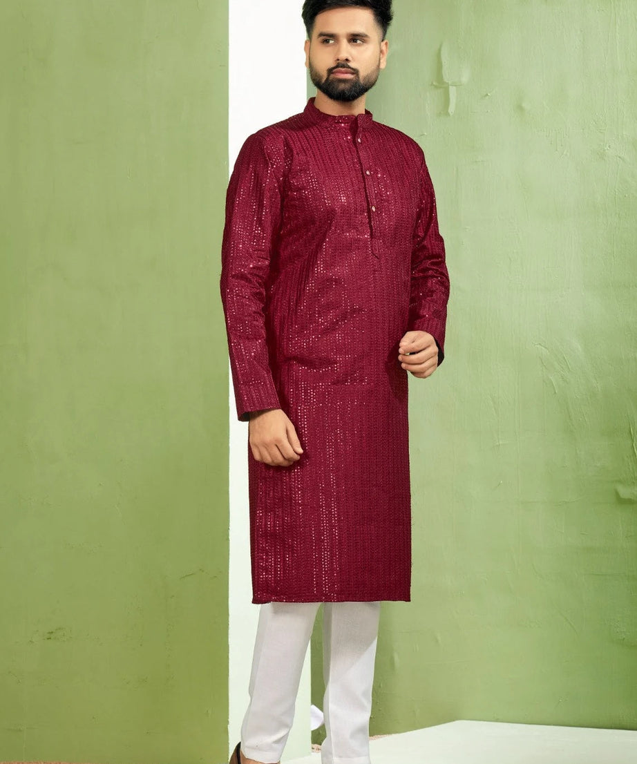 Heavy Banglori Silk With Embroidery Sequence Work Kurta Pajama Set