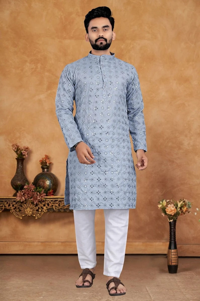 Men's Cotton With Embroidery Work Kurta Pajama Set