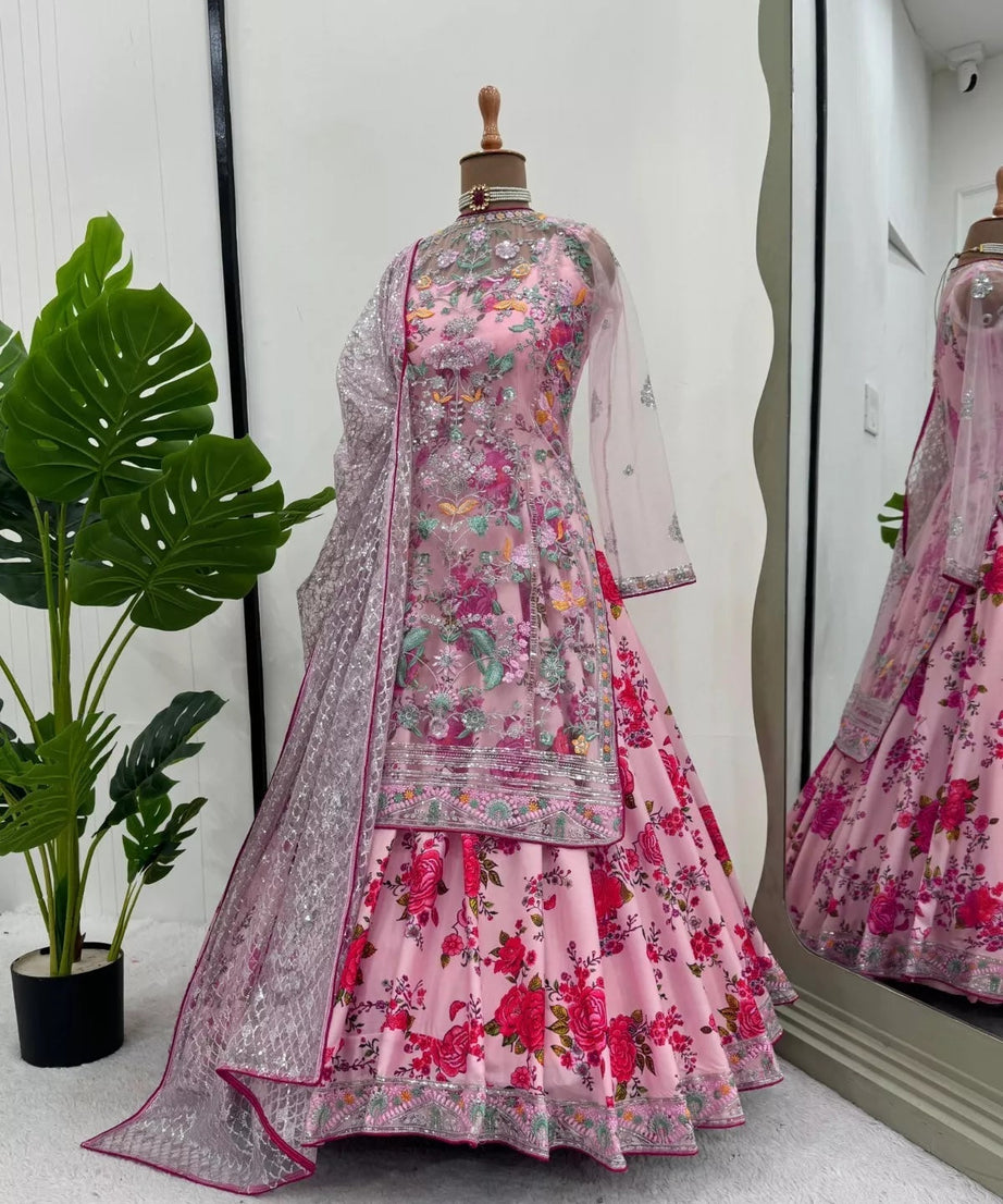 Butterfly Net With Thread & Sequence Work Bollywood Style Top Lehenga & Dupatta