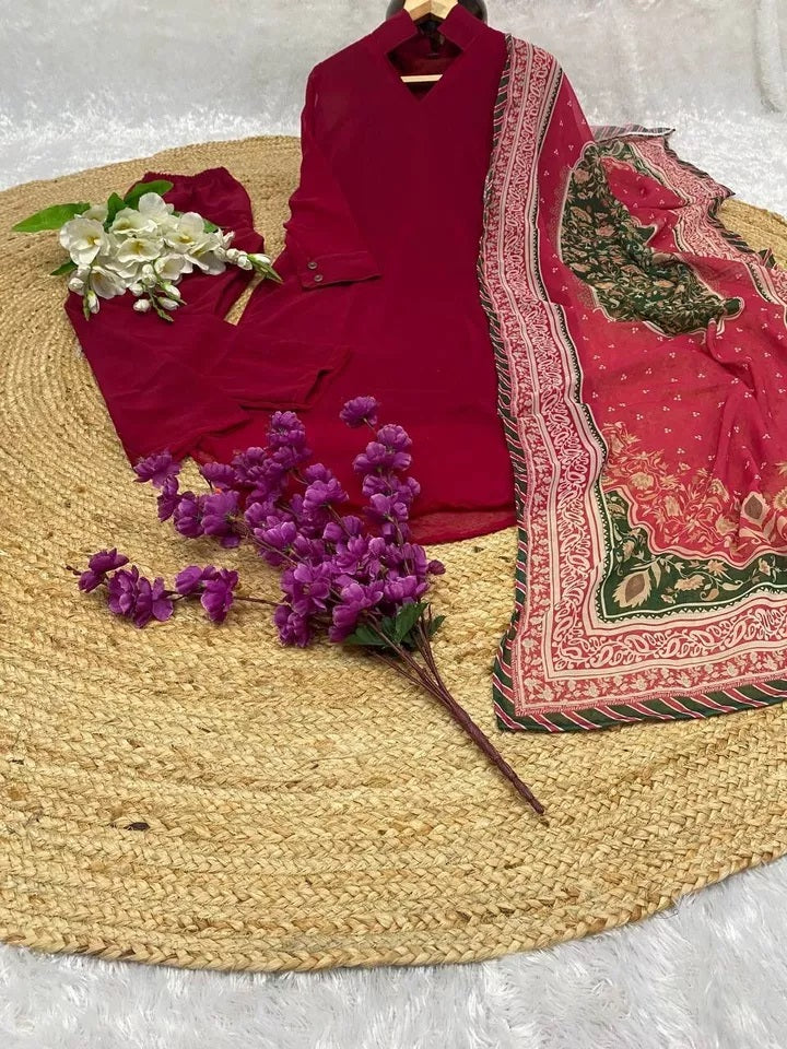 Faux Georgette Kurti Pant Duppata Set For Women's