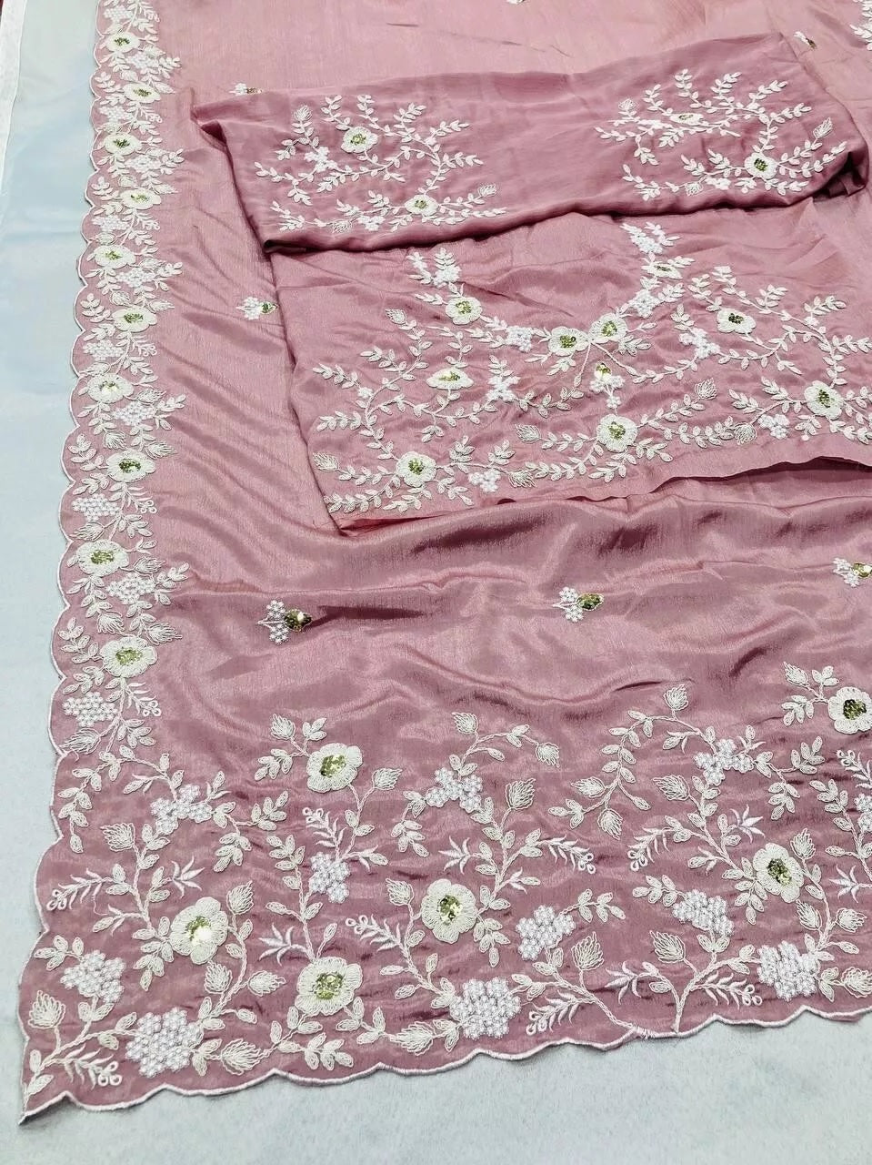 Pink Pure Chinon Silk With Embroidery Work Sari & Blouse